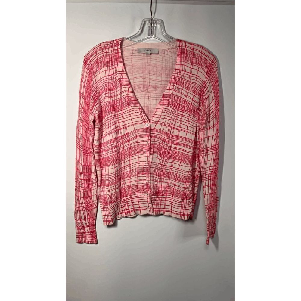 Ann Taylor LOFT Pink White Crosshatch Pattern Cardigan Size M